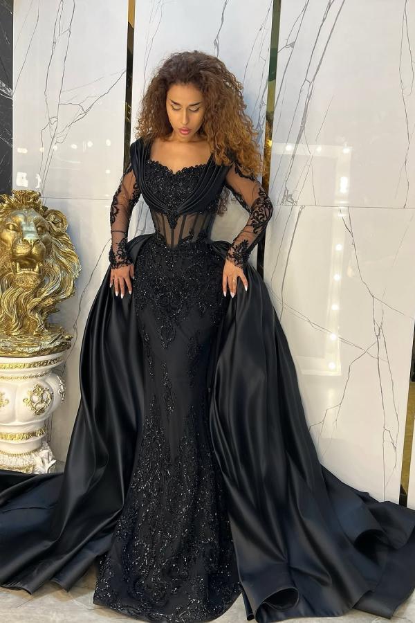 Vintage Black Prom Dress Mermaid Sweetheart Sleeves Sequined Panel Train Satin Formal Dress With Appliques