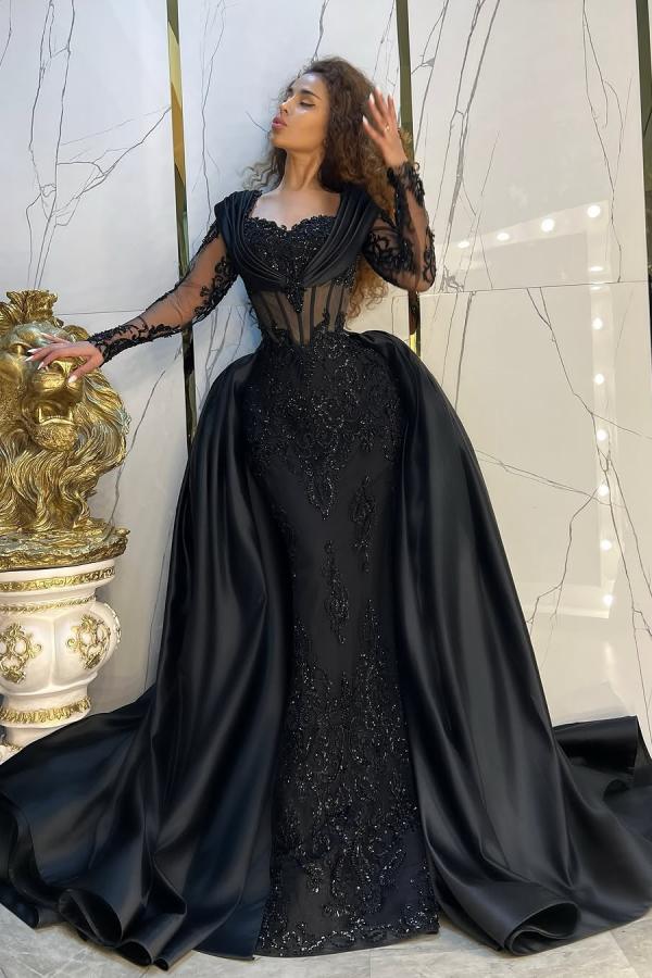 Vintage Black Prom Dress Mermaid Sweetheart Sleeves Sequined Panel Train Satin Formal Dress With Appliques