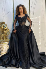 Vintage Black Prom Dress Mermaid Sweetheart Sleeves Sequined Panel Train Satin Formal Dress With Appliques