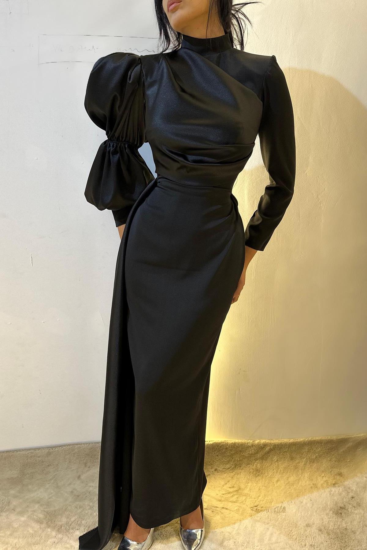 Vintage Column Satin High Neck Sleeve Black Prom Dress Formal Dress