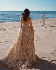Vintage Long Sleeves Lace Beach Wedding Dress Mermaid Tulle Bridal Gown