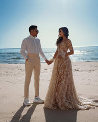 Vintage Long Sleeves Lace Beach Wedding Dress Mermaid Tulle Bridal Gown