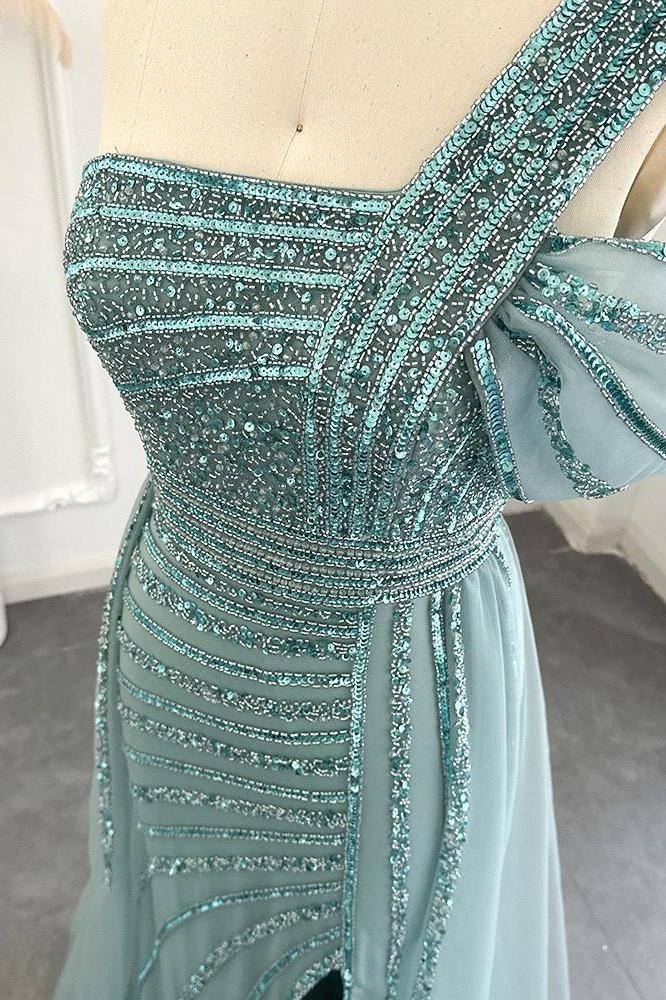 Vintage One Shoulder Mermaid Sequined Evening Dress with Long Ruffles