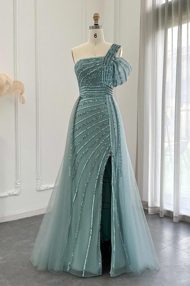 Vintage One Shoulder Mermaid Sequined Evening Dress with Long Ruffles