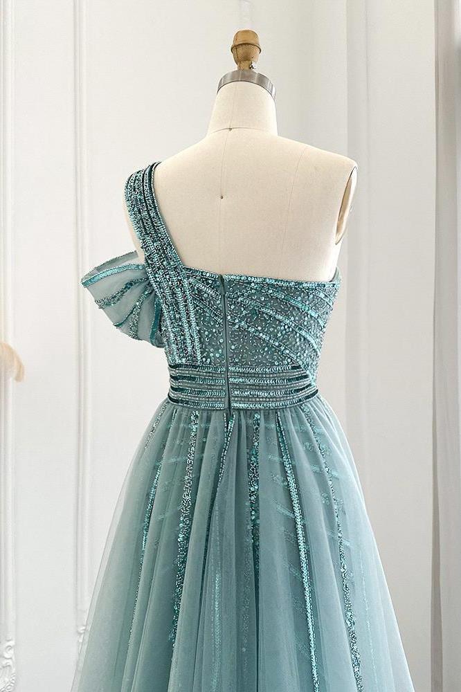 Vintage One Shoulder Mermaid Sequined Evening Dress with Long Ruffles