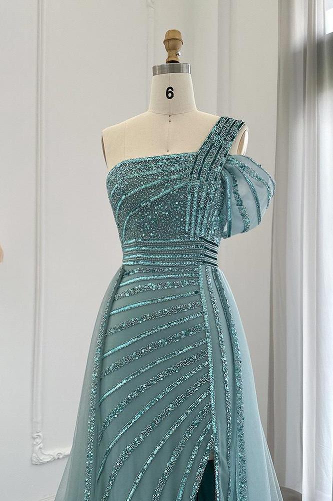 Vintage One Shoulder Mermaid Sequined Evening Dress with Long Ruffles