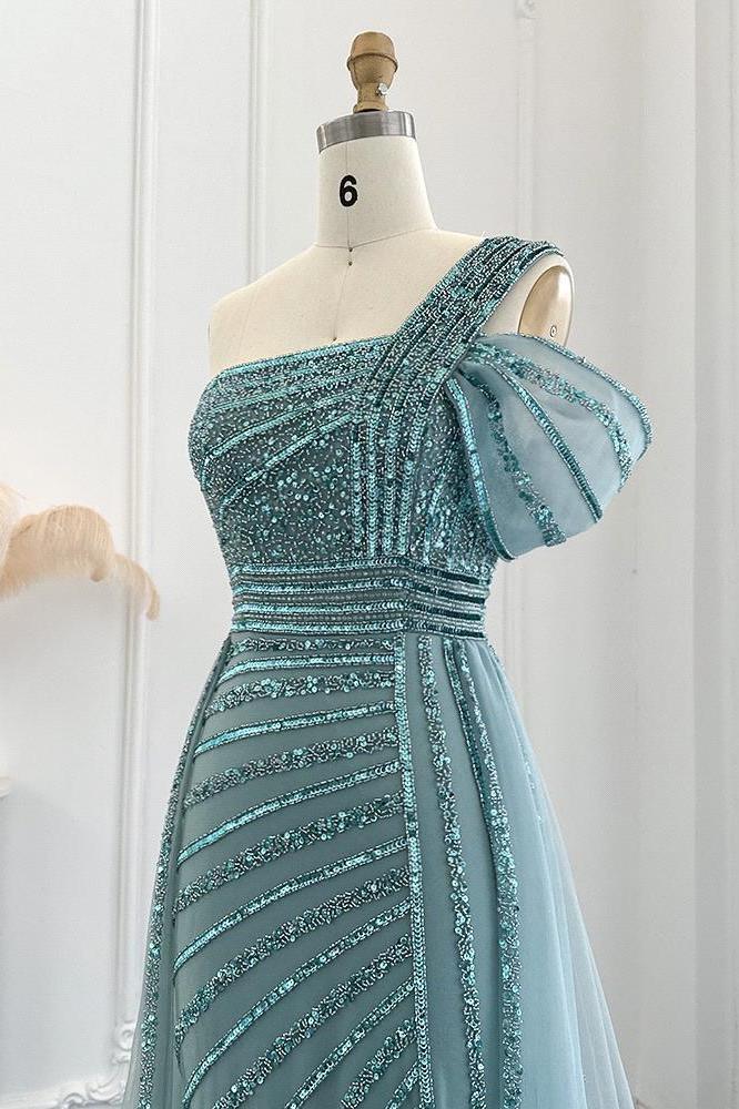 Vintage One Shoulder Mermaid Sequined Evening Dress with Long Ruffles