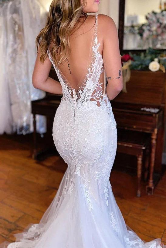Vintage Tulle Wedding Dresses with Appliques Lace - Trumpet/Mermaid V-Neck
