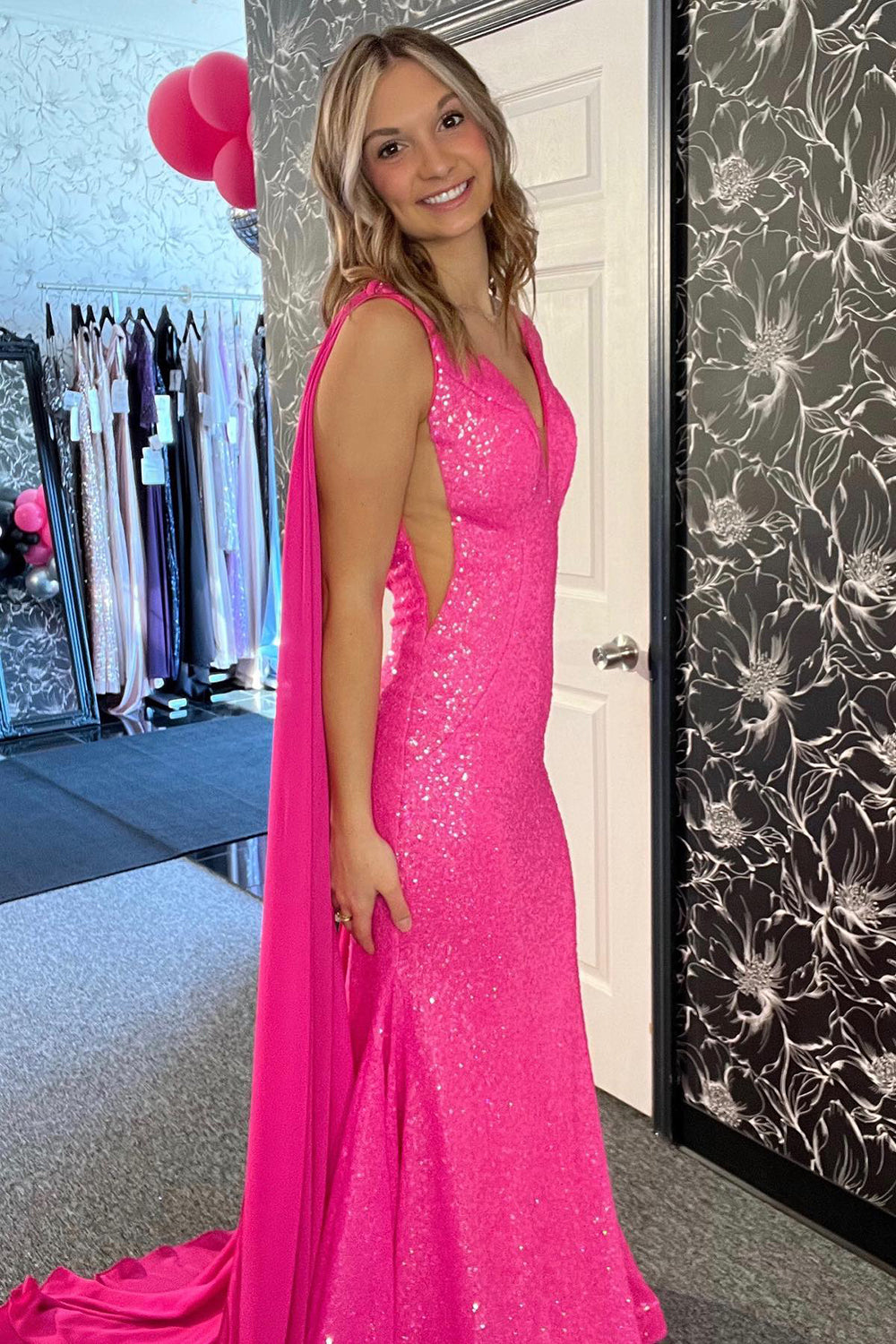 Hot Pink Mermaid Prom Dress With Wateau Train