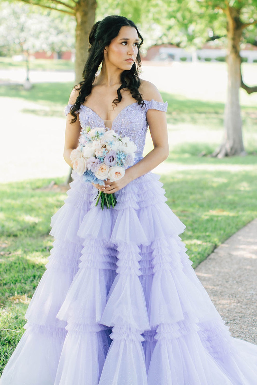 Princess A Line Off the Shoulder Light Pink Long Prom Dress with Ruffles