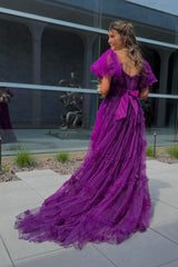 Fuchsia A Line Off the Shoulder Tulle Corset Prom Dress with Bowknot