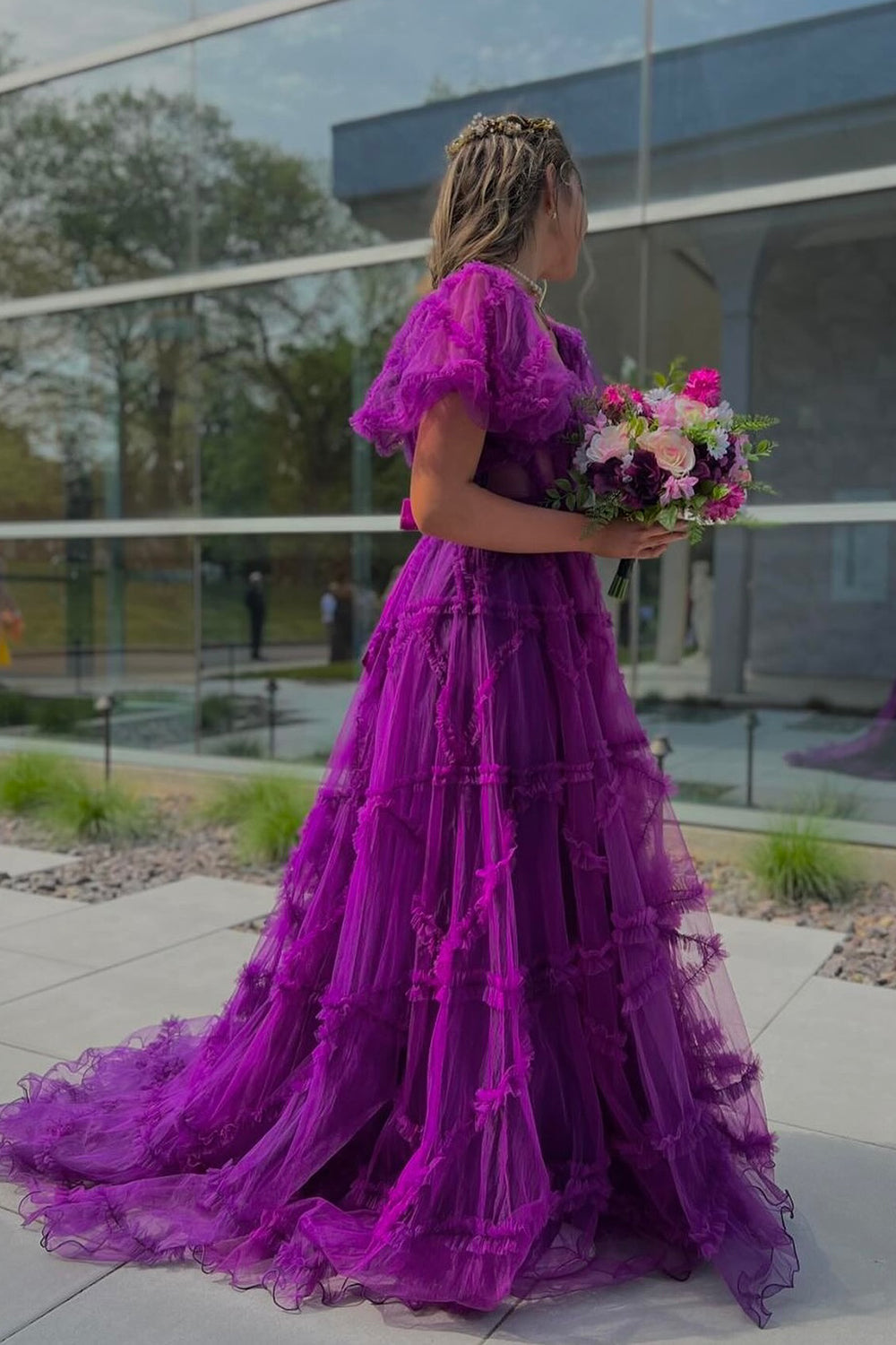 Fuchsia A Line Off the Shoulder Tulle Corset Prom Dress with Bowknot