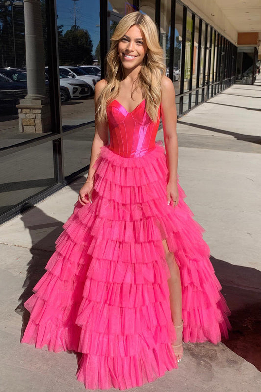 Fuchsia Corset Sweetheart A-Line Tiered Long Prom Dress with Slit