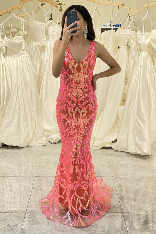 Sparkly Coral Mermaid Backless Long Prom Dress With Sequined Appliques