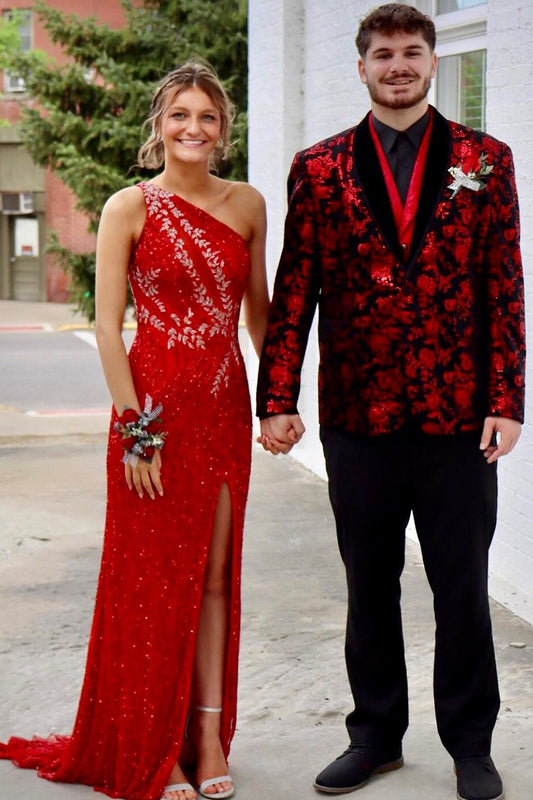 Stylish Black and Red 2-Piece Jacquard Shawl Lapel Men's Prom Suit