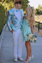 Sparkly Light Blue 2-Piece Floral Shawl Lapel Men's Prom Suit