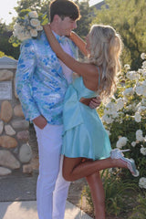 Sparkly Light Blue 2-Piece Floral Shawl Lapel Men's Prom Suit