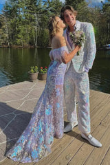 Dazzling Sparkly White 2-Piece Shawl Lapel Sequined Men's Prom Suit