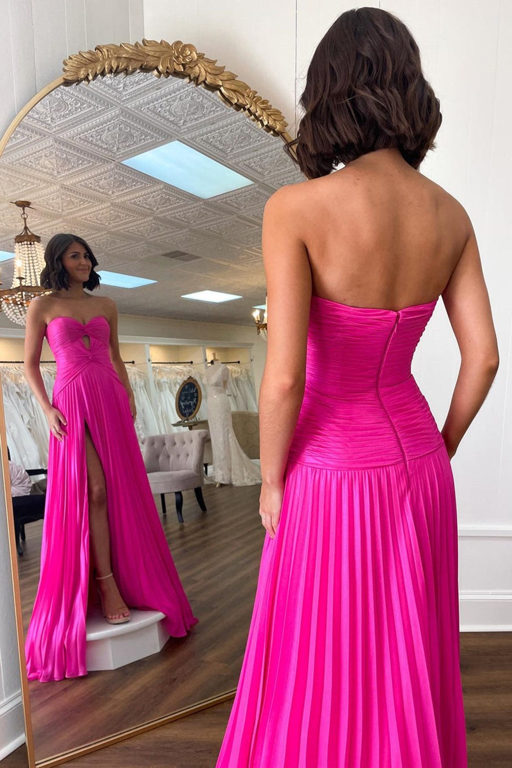 A-Line Fuchsia Sweetheart Pleated Long Prom Dress with Slit