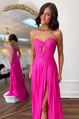 A-Line Fuchsia Sweetheart Pleated Long Prom Dress with Slit