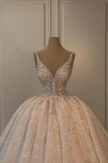 Wedding Dress A Line V Neck Sleeveless Princess Glitter Bridal Gown With Lace