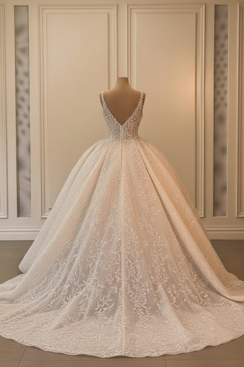 Wedding Dress A Line V Neck Sleeveless Princess Glitter Bridal Gown With Lace