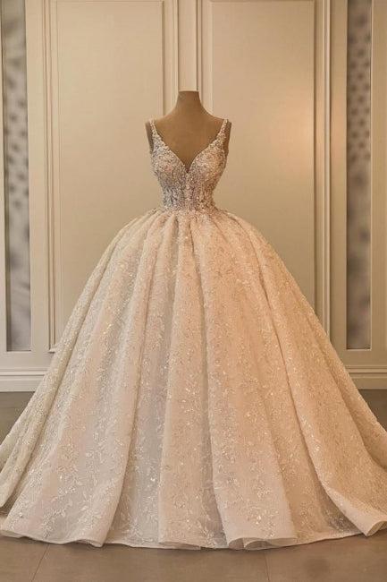 Wedding Dress A Line V Neck Sleeveless Princess Glitter Bridal Gown With Lace
