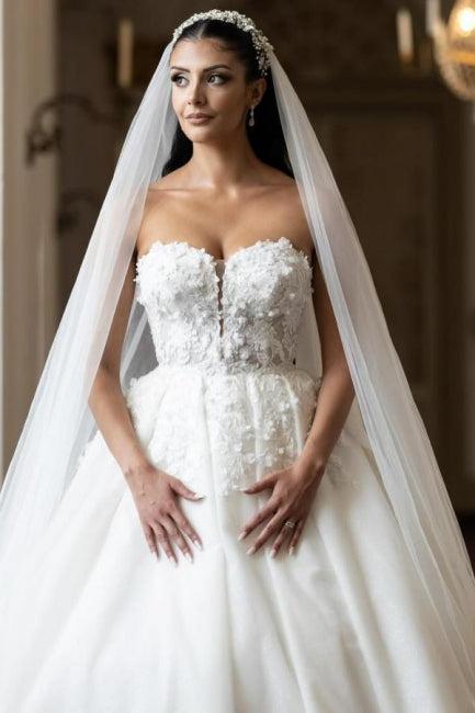 Wedding Dress A Line White Strapless Bridal Gown With Lace