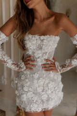 White 3D Floral Off-Shoulder Mini Wedding Dress with Sheer Sleeves
