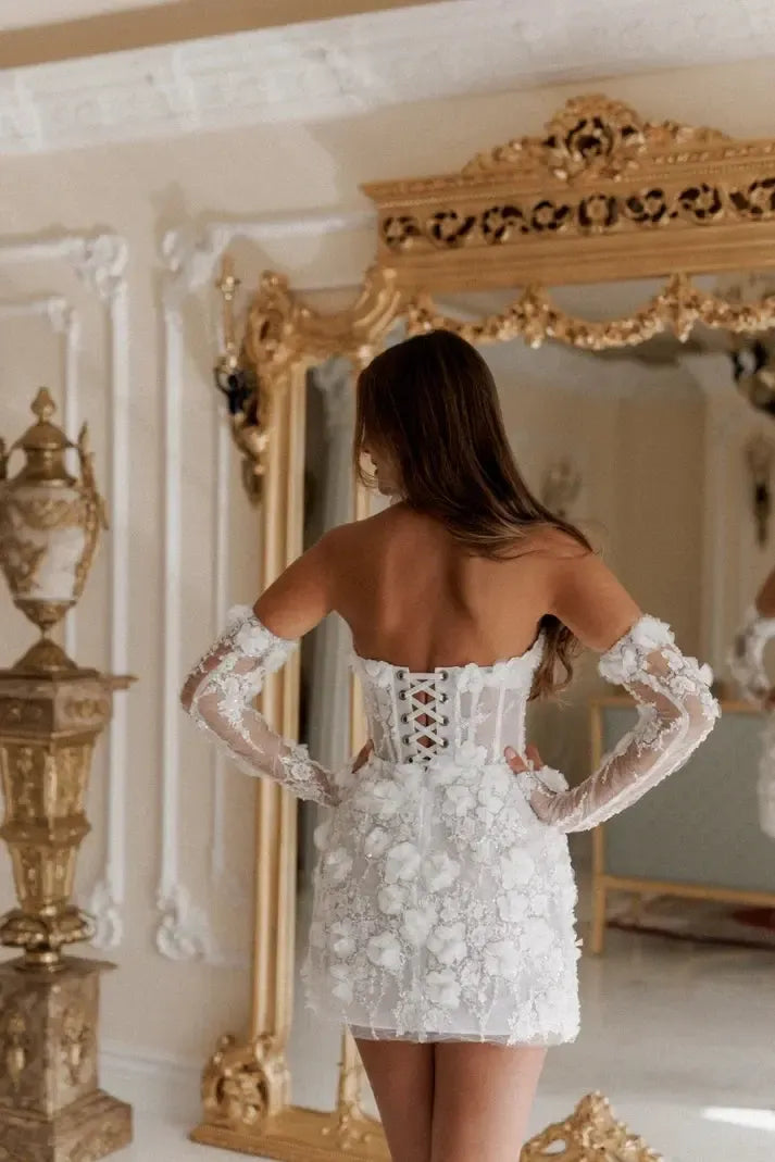 White 3D Floral Off-Shoulder Mini Wedding Dress with Sheer Sleeves