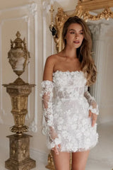 White 3D Floral Off-Shoulder Mini Wedding Dress with Sheer Sleeves