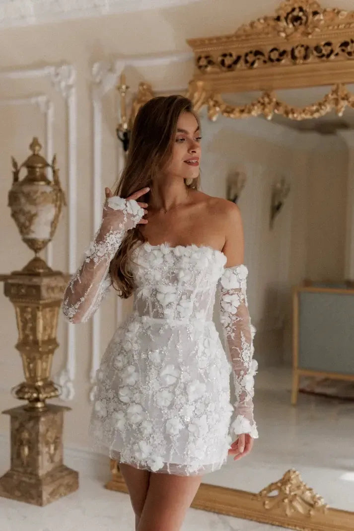 White 3D Floral Off-Shoulder Mini Wedding Dress with Sheer Sleeves