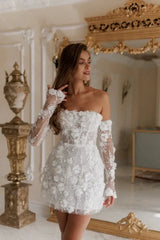 White 3D Floral Off-Shoulder Mini Wedding Dress with Sheer Sleeves