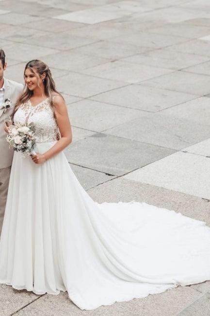 White Beach Wedding Dress A Line Lace Chiffon Sleeveless Backless Bridal Gown