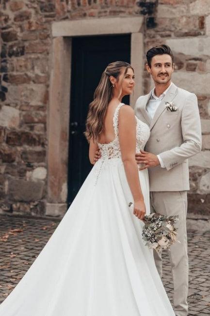 White Beach Wedding Dress A Line Lace Chiffon Sleeveless Backless Bridal Gown