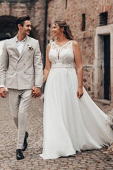 White Beach Wedding Dress A Line Lace Chiffon Sleeveless Backless Bridal Gown