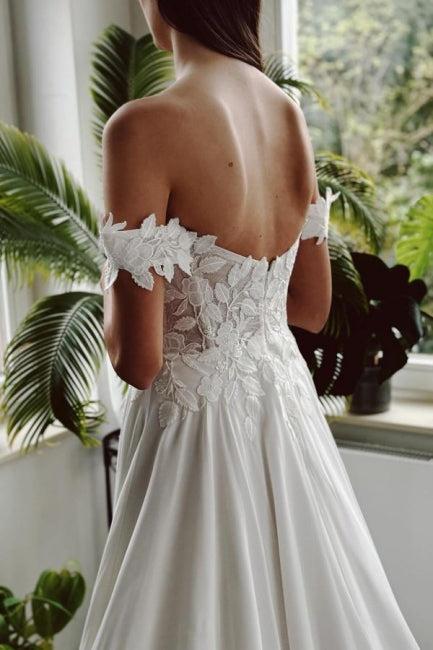 White Beach Wedding Dress A Line Off The Shoulder Bridal Gown With Slit