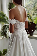 White Beach Wedding Dress A Line Off The Shoulder Bridal Gown With Slit