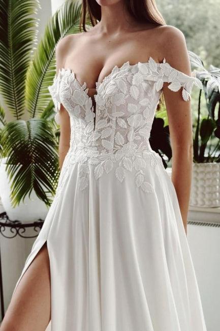 White Beach Wedding Dress A Line Off The Shoulder Bridal Gown With Slit