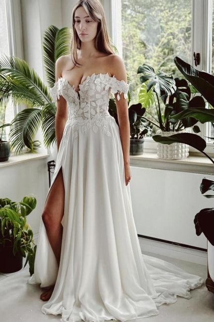 White Beach Wedding Dress A Line Off The Shoulder Bridal Gown With Slit
