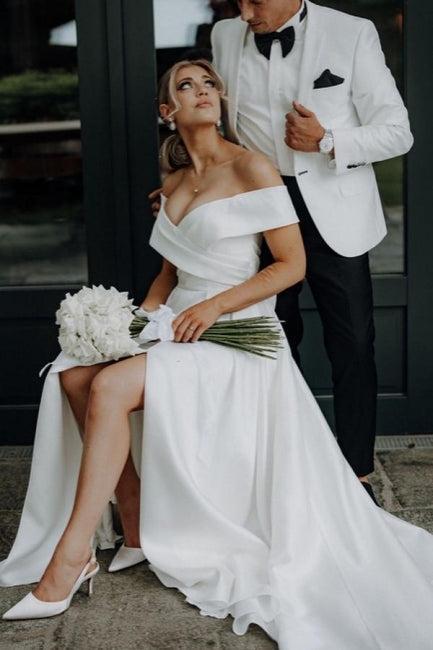 White Beach Wedding Dress A Line Off The Shoulder Split Front Lace Up Bridal Gown Panel Train