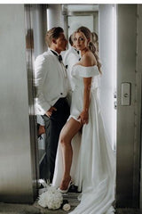 White Beach Wedding Dress A Line Off The Shoulder Split Front Lace Up Bridal Gown Panel Train
