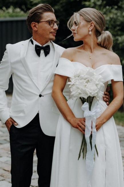 White Beach Wedding Dress A Line Off The Shoulder Split Front Lace Up Bridal Gown Panel Train