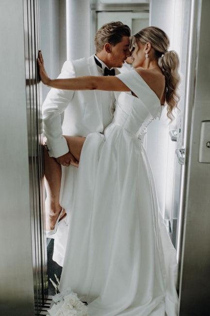 White Beach Wedding Dress A Line Off The Shoulder Split Front Lace Up Bridal Gown Panel Train