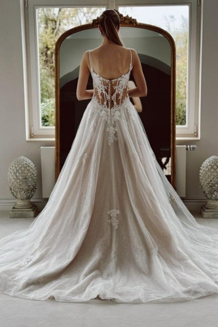 White Beach Wedding Dress A Line Spaghetti Strap Beaded Cathedral Train Lace Tulle Bridal Gown With Appliques
