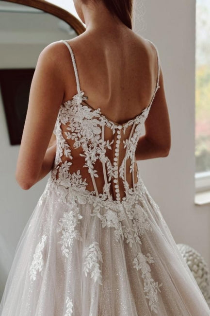 White Beach Wedding Dress A Line Spaghetti Strap Beaded Cathedral Train Lace Tulle Bridal Gown With Appliques