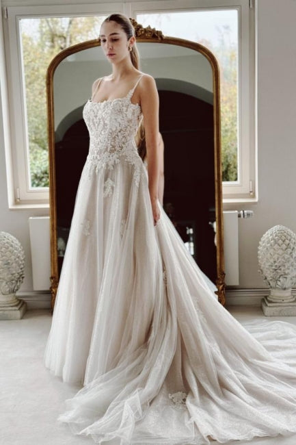 White Beach Wedding Dress A Line Spaghetti Strap Beaded Cathedral Train Lace Tulle Bridal Gown With Appliques