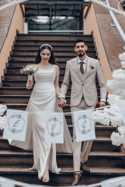 White Beach Wedding Dress A Line Spaghetti Strap Ruffle Sweep Train Satin Bridal Gown With Slit