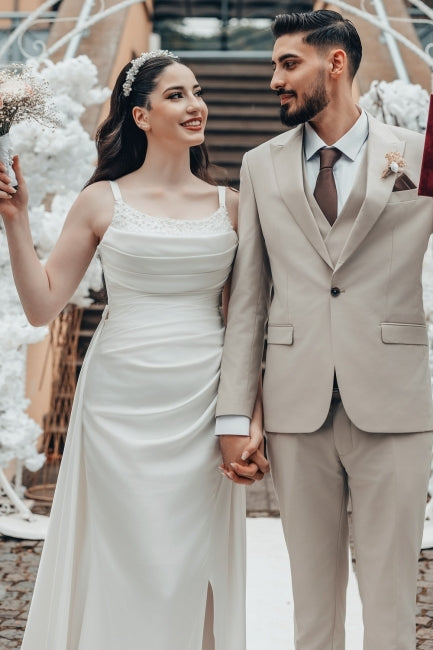 White Beach Wedding Dress A Line Spaghetti Strap Ruffle Sweep Train Satin Bridal Gown With Slit