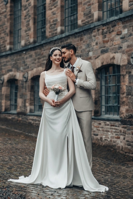 White Beach Wedding Dress A Line Spaghetti Strap Ruffle Sweep Train Satin Bridal Gown With Slit